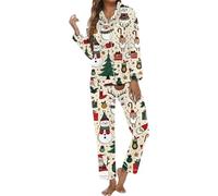 Set pigiama natalizio da donna, pigiama natalizio carino con cartoni animati, adorabile Babbo Natale, vestibilità regolare, con bottoni, a maniche lunghe, con tasche sul petto, Rosso anguria, L