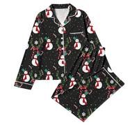 Set pigiama natalizio da donna, set pigiama da donna con bottoni | Abbigliamento da notte natalizio con bottoni, a maniche lunghe, abbigliamento da notte festivo, con colletto in raso
