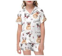 Set pigiama natalizio per bambini, in raso e seta, a maniche corte, da notte, 2 pezzi, con bottoni, loungewear classico, pantaloncini, bianco, 8-9 Anni