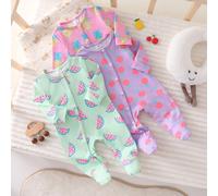 Set pigiama neonato 3 pezzi, body a maniche lunghe con scollo a giro, tutina, in verde menta, viola, rosa, multicolore con stampa di ciliegie e frutta, per uso quotidiano e per la casa, in maglia morb