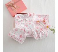 Set pigiama neonato 3 pezzi - Completo da nanna floreale in rosa e bianco con colletto Peter Pan, collo tondo, maniche lunghe, pantaloni lunghi, opzione vestito, cappello e scarpine. Morbido, elastico