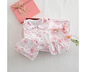 Set pigiama neonato 3 pezzi - Completo da nanna floreale in rosa e bianco con colletto Peter Pan, collo tondo, maniche lunghe, pantaloni lunghi, opzione vestito, cappello e scarpine. Morbido, elastico