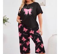Set pigiama oversize da donna, top a maniche corte casual con fiocco e stampa, pantaloni capri, completo pigiama 0XL,1XL,2XL,3XL,4XL,5XLAnimale,Geometrico,LettereTessuto in maglia