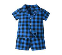 Set pigiama per bambini, in cotone a quadri, camicia a maniche corte con bottoni e pantaloncini, unisex, per la casa, per ragazzi e ragazze (blu, 18-24 mesi)