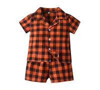 Set pigiama per bambini, in cotone a quadri, camicia a maniche corte con bottoni e pantaloncini, unisex, per la casa, per ragazzi e ragazze (arancione, 2-3 anni)