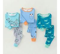 Set pigiama per bambini piccoli composto da una maglia a maniche lunghe con stampe di dinosauri e cani e pantaloni lunghi, con colori vivaci e disegni dettagliati, in stile casual e divertente adatto