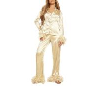 Set pigiama per donna camicia con risvolto e pantaloni elastici, sorella/madre pigiama loungewear da donna Set da due pezzi, Giallo, XL