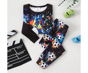Set pigiama per ragazzi con pantaloni aderenti a maniche lunghe, effetto fosforescente, realizzato in tessuto elastico, base nera con effetto fosforescente colorato, outfit casual e divertente per la 