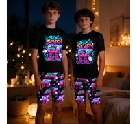 Set pigiama per ragazzi pre-adolescenti con stampa di fulmini che si illuminano al buio, include maglietta girocollo e pantaloncini aderenti, 2 pezzi/set (richiede esposizione alla luce UV) 8Y,9Y,10Y,