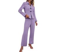 Set Pigiama Satinato Donna Pigiama Lungo Donna A Coste per con Scollo A V Manica Lunga Pantaloni Lunghi E Comodi Abbinati Sanitario Invernale Purple XL