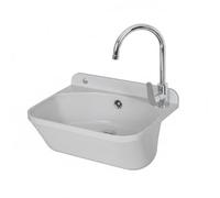 Set Pilozzo Sospeso 46x36 Cm Bianco Pietra - Vasca Lavatoio In Resina Resistente Agli Acidi Con Strofinatoio - INCLUDE Miscelatore Canna Alta Cromo In Acciaio INOX E Kit Scarico