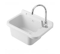 Set Pilozzo Sospeso 50x34 Cm Bianco - Vasca Lavatoio In Resina Resistente Agli Acidi Con Porta Sapone - INCLUDE Miscelatore Canna Alta Cromo In Acciaio INOX E Kit Scarico