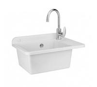 Set Pilozzo Sospeso 50x35 Cm Bianco Pietra - Vasca Lavatoio In Resina Resistente Agli Acidi Con Strofinatoio - INCLUDE Miscelatore Canna Alta Cromo In Acciaio INOX E Kit Scarico