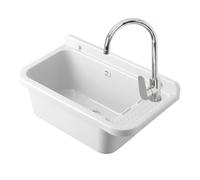 Set Pilozzo Sospeso 60x34 Cm Bianco - Vasca Lavatoio In Resina Resistente Agli Acidi Con Porta Sapone - INCLUDE Miscelatore Canna Alta Cromo In Acciaio INOX E Kit Scarico