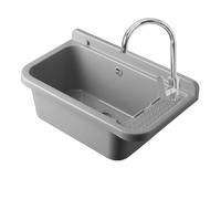 Set Pilozzo Sospeso 60x34 Cm Grigio Pietra - Vasca Lavatoio In Resina Resistente Agli Acidi Con Porta Sapone - INCLUDE Miscelatore Canna Alta Cromo In Acciaio INOX E Kit Scarico