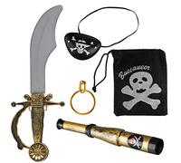 Set pirata 5 pezzi composto da sciabola + benda sull'occhio + orecchino d'oro + telescopio + borsa con teschio - Set di costumi per carnevale/Carnevale