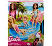 Barbie Doll and Pool Playset, Blonde in Tropical Pink One-Piece Swimsuit with Po
