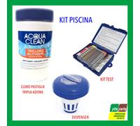 SET PISCINA CLORO PASTIGLIE TRIPLA AZIONE 1KG DISPENSER E KIT TEST PH E CLORO