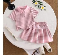 Set polo estivo a righe per ragazze, combinazione classica di righe rosa e marroni, adatto a tutte le tonalità di pelle e resistente alle macchie. Il top è una comoda maglietta a maniche corte con col