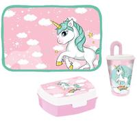 Set Porta Merenda UNICORNO Bambina, Unicorno, Lunch Box Porta Pranzo portamerenda, Bicchiere con Cannuccia Plastica Riutilizzabile, Tovaglietta colazione in Tessuto Americana, Scuola Asilo, Rosa