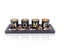 Set portacandele, include 4 bicchieri in vetro, pietre naturali e vassoio in legno per decorazioni da tavola per la casa (Home)