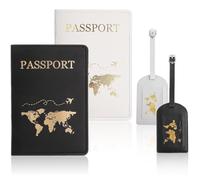 Set portapassaporto e portaetichette per bagaglio, 2 passaporti e 2 etichette per bagaglio, portapassaporto con blocco RFID, per uomo e donna, per passaporti e carte di credito (nero, bianco)