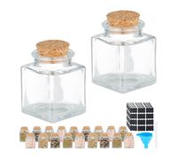 Relaxdays Barattoli Spezie, Set di 20 Vasetti in Vetro 50 ml, Contenitori con Tappo in Sughero, con Etichette e Imbuto, Trasparente Naturale