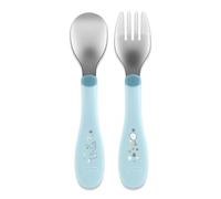 Chicco Posatine Inox, Posate Bambini, Set Pappa, Forchetta e Cucchiaio per Bambini, in Acciaio Inossidabile, Facili da Impugnare, Set Svezzamento Prima Pappa, 2 Pezzi, 18M+, Azzurro