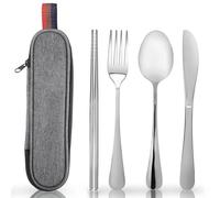 Set Posate da Viaggio Portatili, Posate da Campeggio in Acciaio Inox, Coltello, Forchetta, Cucchiaio, Bacchette, Posate da Viaggio con Custodia, Set di Posate da Viaggi per Esterni, Viaggi, Picnic