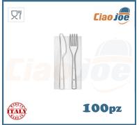 Set Posate di Plastica imbustate bis tris bianco o trasparente 100 set