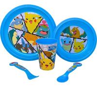 Set Pranzo Bambini 5 Pezzi Per Pokemon Fan in Plastica Riutilizzabile Senza BPA: Piatto, Scodella, Bicchiere e Posate, Sicuro in Microonde, Vari Personaggi