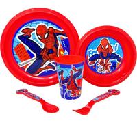 Set Pranzo Bambini 5 Pezzi Per Spiderman Fan in Plastica Riutilizzabile Senza BPA: Piatto, Scodella, Bicchiere e Posate Riutilizzabili, Sicuro in Microonde