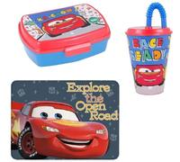 Set Pranzo CARS Bambino Asilo Lunch Box Portamerenda porta merenda, Bicchiere con Cannuccia plastica Riutilizzabile, Tovaglietta Colazione in Tessuto, Saetta Mcqueen