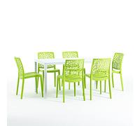 Set pranzo da giardino o esterno per 6 persone, tavolo in acciaio verniciato con doghe in polietilene effetto legno Bianco, 6 sedie in polipropilene con fibra di vetro Verde Lime - Thomas e Anna