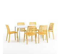 Set pranzo da giardino o esterno per 6 persone, tavolo in acciaio verniciato con doghe in polietilene effetto legno Bianco, 6 sedie in polipropilene con fibra di vetro Senape - Thomas e Anna