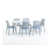 Set pranzo da giardino o esterno per 6 persone, tavolo in acciaio verniciato con doghe in polietilene effetto legno Bianco, 6 sedie in polipropilene con fibra di vetro Azzurro Cemento - Thomas e Anna