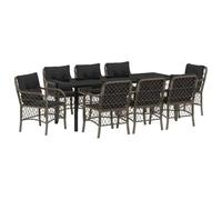 Set pranzo giardino polyrattan acciaio moderno elegante 9 pezzi grigio | Set da Pranzo Giardino 9 Pezzi con Cuscini Grigio Polyrattan Acciaio Tovaglia Vetro Tavolo Outdoor Moderno