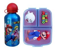 Set pranzo per bambini 2 pezzi Super Mario, borraccia e portamerenda 3 scomparti senza BPA, borraccia in alluminio 560 ml e contenitore portapranzo multiscomparto
