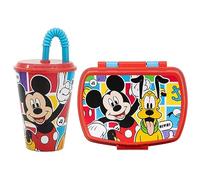 Set pranzo per bambini 2 pezzi Topolino Disney, bicchiere e portamerenda in plastica riutilizzabile senza BPA, bicchiere con cannuccia 430 ml e contenitore portapranzo