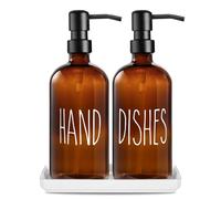 Set Premium Distributore Di Sapone In Vetro: 500ml/17oz Pack 2 Contenitori Per Sapone Liquido Per Mani Con Piattino In Ceramica,Inossidabile In Acciaio Pompa,Per Lavandino Della Cucina (Ambra)