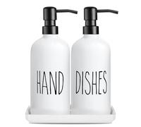 Set Premium Distributore Di Sapone In Vetro: Pack Da 2 Distributori Di Sapone Liquido Con Piattino In Ceramica, 500ml / 17oz, Per Sapone Per Mani E Detersivo Per I Piatti, Per Pianale (Bianco)