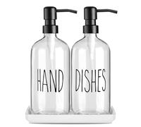 Set Premium Distributore Di Sapone In Vetro: Pack Da 2 Set Di Distributori Per Sapone Per Mani E Detersivo Per I Piatti Con Piattino In Ceramica, Flacone In Vetro,Per Shampoo, Balsamo (Chiaro)