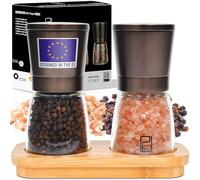 Set Premium Macina Sale e Pepe - Miglior Acciaio Inossidabile Nero per Cuochi Domestici, Macinini di Spezie in Ceramica Liscia con Grossolanità Regolabile, Saliera e Pepiera Nero