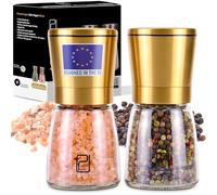 Set Premium Macina Sale e Pepe Oro - Miglior Acciaio Inossidabile Dorato per Cuochi Domestici, Macinini di Spezie in Ceramica Liscia con Grossolanità Regolabile, Saliera e Pepiera Nero…