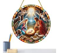 Set presepe di Natale - Scena dipinta a mano della Sacra Famiglia tradizionale | Decorazione per finestra piatta rotonda in acrilico, decorazione per la tavola religiosa, decorazione natalizia per