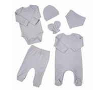 Set prima messa in 100% cotone biologico unisex (0-6 mesi), 6 pezzi certificati GOTS | Body, pigiama, cappellino, guantini, bavaglino e pantaloni - colore grey - idea regalo