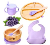 Set prima pappa svezzamento per bambini in bambù ecologico e silicone senza BPA - Piatto a ventosa, ciotola, forchetta, cucchiaio, bavaglino e tazza con cannuccia in silicone. Lilla - Claudi Home.
