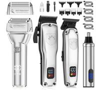Set professionale per taglio di capelli da uomo 4 in 1, rasoio senza fili, tagliacapelli, tagliacapelli per il naso, testina di taglio a forma di T, display digitale intelligente, confezione regalo