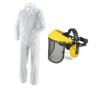 Set Protezione per Decespugliatore e Giardinaggio: Tuta Protettiva Monouso Bianca Taglia XL con Cappuccio + Visiera di Sicurezza Regolabile (Scegli il Modello) (Set Visiera a Rete + Cuffie)