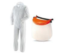 Set Protezione per Decespugliatore e Giardinaggio: Tuta Protettiva Monouso Bianca Taglia XL con Cappuccio + Visiera di Sicurezza Regolabile (Scegli il Modello) (Set Visiera Trasparente)